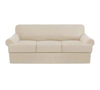 T Cushion Sofa cover, 4 Pieces Jacquard Stretch Sofa Slipcover Elastic Bottom Furniture Protector with 3 Individual T Cushion Shape Seat Covers-cream color-3-seater