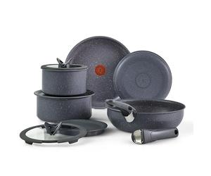 T-fal Ingenio Essentials Cookware Set with Detachable/Removable Handle 11 Piece, Granite Titanium Non Stick, Oven Broiler Safe 500F, Stackable, Pots and Pans Set, Frying Pans, Dishwasher Safe, Gray