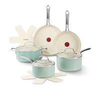 T-FAL Inspire Non-Stick Ceramic Cookware Set, 10 Pieces, Oven Safe to 260°C, Casserole, Ceramic Cookware & Pans, Pots, Casserole, Cover, Mint Green