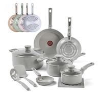 T-fal Refresh Ceramic Ceramic Non Stick Cookware Set 12 Piece, Oven Broiler Safe 350F, Cookware, Kitchen Cooking Set w/Fry Pans, Saucepans & Kitchen Utensils, Pots and Pans Set Nonstick, Moon Gray