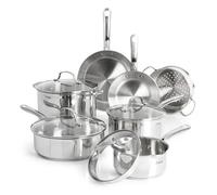 T-fal Stainless Steel Cookware Set 11 Piece, Induction, Oven Broiler Safe 500F, Kitchen Cooking Set w/Fry Pans, Saucepans, Saute Pan, Dutch Oven, Steamer, Pots and Pans, Dishwasher Safe, Silver