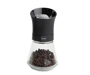 T&G 11090 CrushGrind Tip Top Pepper | Peppercorn Mill with Glass Base, 12.5 cm, Black | Gourmet Fully Adjustable Ceramic Manual Grinder | Shaker | Coarse & Fine | Easy Fill