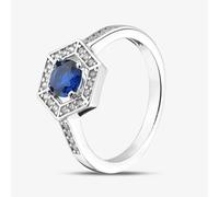T. H. Baker Rhodium Plated Sterling Silver Blue & White Cubic Zirconia Hexagon Halo Ring 8.84.0911 - Q