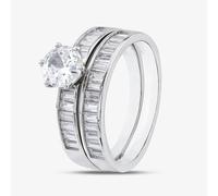 T. H. Baker Silver Baguette Cut Cubic Zirconia Two Row Shoulder Set Solitaire Ring R6595 - L