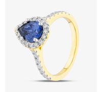 T. H. Baker Silver Gold Plated Blue Pear Cut Cubic Zirconia Shoulder Set Halo Ring S2186Y - N