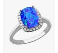 T. H. Baker Sterling Silver Rectangle Synthetic Blue Opal and White Cubic Zirconia Halo Ring 8.86.0049 - Q