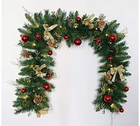 T-Jaras 180cm Pre-Lit Decorated Christmas Garland with Warm White LEDs, Flashing LEDs, Operated by 3 x AA Batteries, Christmas Decoration (Red and Gold)