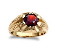 (T) Jewelco London Men's Solid 9ct Yellow Gold Round Brilliant Garnet Solitaire Carved Gypsy Ring - JRN212