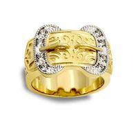Jewelco London Men's Solid 9ct Yellow Gold White Round Brilliant Cubic Zirconia Double Buckle Ring