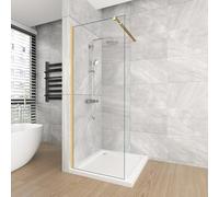 T&K 700x1900 mm Walk in Shower Enclosure Wetroom Shower Screen Panel Gold Framed, 8mm Tougheded Glass Safety Double-Sided Easy Clean Glass with Telescopic Support Bar