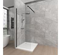 T&K 700x1900mm Walk in Shower Enclosure Wetroom Shower Screen Panel Matte Black Framed, 8mm Tougheded Glass Safety Double-Sided Easy Clean Glass with Telescopic Support Bar