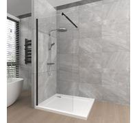 T&K 800x1900mm Walk in Shower Enclosure Wetroom Shower Screen Panel Matte Black Framed, 8mm Tougheded Glass Safety Double-Sided Easy Clean Glass with Telescopic Support Bar