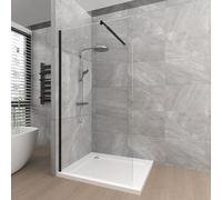 T&K 900x1900mm Walk in Shower Enclosure Wetroom Shower Screen Panel Matte Black Framed, 8mm Tougheded Glass Safety Double-Sided Easy Clean Glass with Telescopic Support Bar