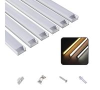 T&K Aluminium LED Profile 6 x 1 m Silver U Shape with Opal Cover, End Caps and Mounting Clips, Aluminium Channel