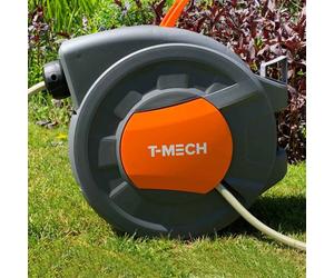 T-Mech Auto Rewind Hose Reel 20m + 2m, Wall-Mounted 8 Spray Nozzle Gun, Neat Retractable Hose-Pipe With Bracket And Fixings, 180?? pivot Grey