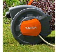 T-Mech Hose Pipe Reel Auto Rewind 30m + 2m, Wall-Mounted 8 Spray Nozzle Gun, Neat Retractable Hose-Pipe with Bracket and Fixings, 180° Pivot