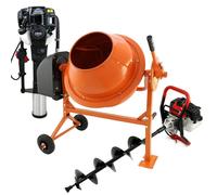 Earth Auger, Cement Mixer & 2 Stroke Post Driver Petrol Electric 70L Garden Drill Rammer Planting Fence Post Ground Hole Powerful Heavy-Duty Portable FREE Tool Kit, Protective Equipment & Carry Case O