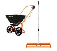Lawn Leveller & Rotary Spreader Gritter Fertiliser Garden Levelling Rake Lute 100 x 32cm Orange Removable Extendable Handle 1.15-1.9m Easy Grip 25kg Capacity Salt Grit Sand Seed Rain Cover & Gloves