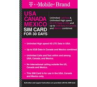 T-Mobile brand USA, Canada, Mexico Prepaid Travel SIM Card Unlimited Call/Text and Unlimited High speed 4G LTE Data in USA and up to 5GB Data in Canada and Mexico combined for 30 days