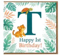 T Monogram 1st Birthday Card - Cute Jungle Animals with Tiger and Turtle - Happy 1st Birthday