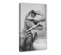 T-rex Brushing Teeth, Funny Bathroom Wall Art, Cute Laundry Room Decor, Animals in Bathroom, Retro Dinosaur Humor Print, Ai Art-1