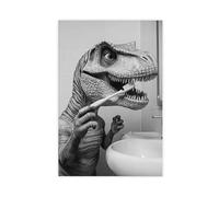 T-rex Brushing Teeth, Funny Bathroom Wall Art, Cute Laundry Room Decor, Animals in Bathroom, Retro Dinosaur Humor Print, Ai Art-1