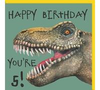 T-Rex Dinosaur Birthday Card, Hand-Painted Design on Textured FSC Board, Age 5