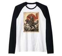 T-Rex Dinosaur Cat Japanese Sunset Dino Japan Retro Art Raglan Baseball Tee