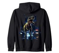 T-Rex Dinosaur Roaring City at Night Graphic Design Japanese Zip Hoodie