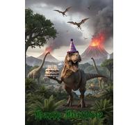 T REX JURASIC DINOSAUR HAPPY BIRTHDAY GREETINGS CARD LARGE CARD WITH A GOLD ENVELOPE FEATURING A TYRANNOSAURUS REX WEARING A PARTY HAT WITH A BIRTHDAY CAKE