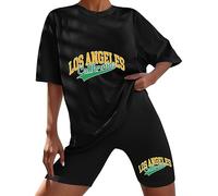 T-shirt Cycling Shorts Set for Women UK Top Shorts 2 Piece Letter Graphic Tracksuit for Ladies Summer Casual Loose Crew Neck Oversized Half Sleeve T Shirt Stretch Shorts Co Ord Sets (Y-Black, L)