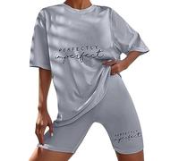 T-shirt Cycling Shorts Set for Women UK Top Shorts 2 Piece Letter Graphic Tracksuit for Ladies Summer Casual Loose Crew Neck Oversized Half Sleeve T Shirt Stretch Shorts Co Ord Sets (Grey, L)