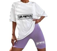 T-shirt Cycling Shorts Set for Women UK Top Shorts 2 Piece Letter Graphic Tracksuit for Ladies Summer Casual Loose Crew Neck Oversized Half Sleeve T Shirt Stretch Shorts Co Ord Sets (Z1-White, L)