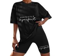T-shirt Cycling Shorts Set for Women UK Top Shorts 2 Piece Letter Graphic Tracksuit for Ladies Summer Casual Loose Crew Neck Oversized Half Sleeve T Shirt Stretch Shorts Co Ord Sets (Black, L)