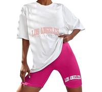 T-shirt Cycling Shorts Set for Women UK Top Shorts 2 Piece Letter Graphic Tracksuit for Ladies Summer Casual Loose Crew Neck Oversized Half Sleeve T Shirt Stretch Shorts Co Ord Sets (XXL)
