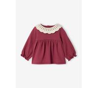 T-shirt for babies in crinkled jersey with crochet collar plum