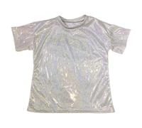 T Shirt Kids Unisex Metallic Dance Shirt with Sequins Reflective Print Loose Fit Short Sleeve for Kids Boys Girls Teens Stage Costumes Casual Streetwear Fashion, silver, 7-8 Years