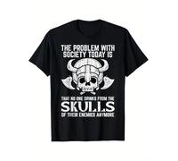 T Shirt Men's Viking Graphic Extra Large Black Norse Tee with Viking Helmet Skull Design