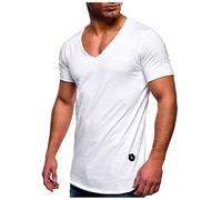 T-Shirt Short Sleeve Men's Plain T-Shirt with Extra Deep V-Neck Slim Fit Deep V-Neck Stretch Plain Basic Shirt Top Casual Summer Blouse Bottoming Vest, White, XL