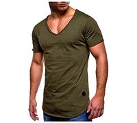 T-Shirt Short Sleeve Men's Plain T-Shirt with Extra Deep V-Neck Slim Fit Deep V-Neck Stretch Plain Basic Shirt Top Casual Summer Blouse Bottoming Vest, Army Green, XXL