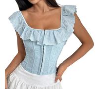T Shirt V Tube Top for Women, French Style Ruffle Bustier with Button Detail, Waist Training Corset T-Shirt, Summer Fashion Dresses With Glitter, blue, L