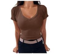 T-Shirt Women's Brown Ribbed Slim Fit V Neck Short Sleeve Summer Basic Tee Shirts Elegant Stretch Tops Casual Plain Blouse Soft Comfortable Tops Aesthetic Outfit, O coffee., M