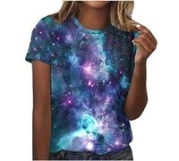 T-Shirt Women's Elegant Galaxy Print Blouse Summer Short Sleeve T-Shirt Tunic Tops Crew Neck Pullover Galaxy Tee Tops Girls Shirts Everyday Long Blouse T-Shirts Sports Shirt Streetwear for Women 3XL,