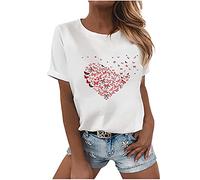 T-Shirt Women's Funny Novelty Print T-Shirt Casual O-Neck T-Shirt Colourful Heart Butterfly Motif Blouse Loose Short Sleeve Summer Shirts Summer Cotton Pullover Classic Tops Basic Top, A06 white., M