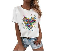 T-Shirt Women's Funny Novelty Print T-Shirt Casual O-Neck T-Shirt Colourful Heart Butterfly Motif Blouse Loose Short Sleeve Summer Shirts Summer Cotton Pullover Classic Tops Basic Top, A02 White, M