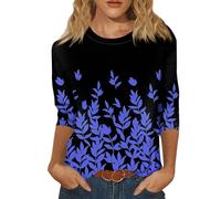 T Shirt,Womens Gym Tops Women's Summer Fashion Casual Seven Quarter Sleeve Floral Print Stand Collar Pullover Top Women Activewear Football Shirts T Shirt 80S T Shirts Women(3-Blue,XXL)