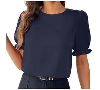 T-Shirt Women's Plain Puff Sleeve T-Shirt Elegant O-Neck T-Shirt Slim Short Sleeve Blouse Cotton Pullover Summer Classic Tops Thin Basic Tops Comfortable Summer Shirts Running Shirt, navy, M