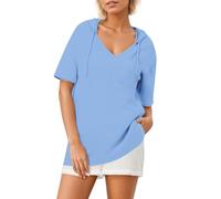 T-Shirt Women's Short Sleeve Summer T-Shirts Plain Summer Knitted Short Sleeve Hooded Sweatshirt for Women with Drawstring Corset Short