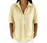 T-Shirt Women's Striped Short Sleeve Tunic Blouse with Button Placket Collar Fashionable Women's T-Shirt for Versatile Use in the Office or Holiday (Blue, L), yellow, XXL