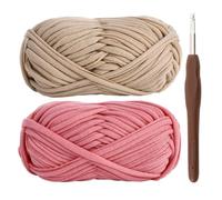 T-Shirt Yarn for Crocheting 2x100g Chunky Crochet Yarn with 6mm Hook, Perfect for Crocheting Projects - Beginner - Friendly Elastic Fabric for DIY Crafts (Khaki)